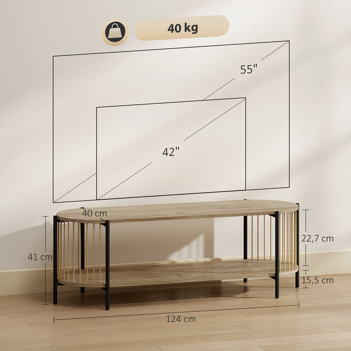 Móvel de TV Estilo Boémio Móvel de TV até 55 Polegadas com Detalhes em Corda de Papel e 2 Prateleiras Abertas para Sala de Estar Quarto 124x43,5x41 cm Madeira