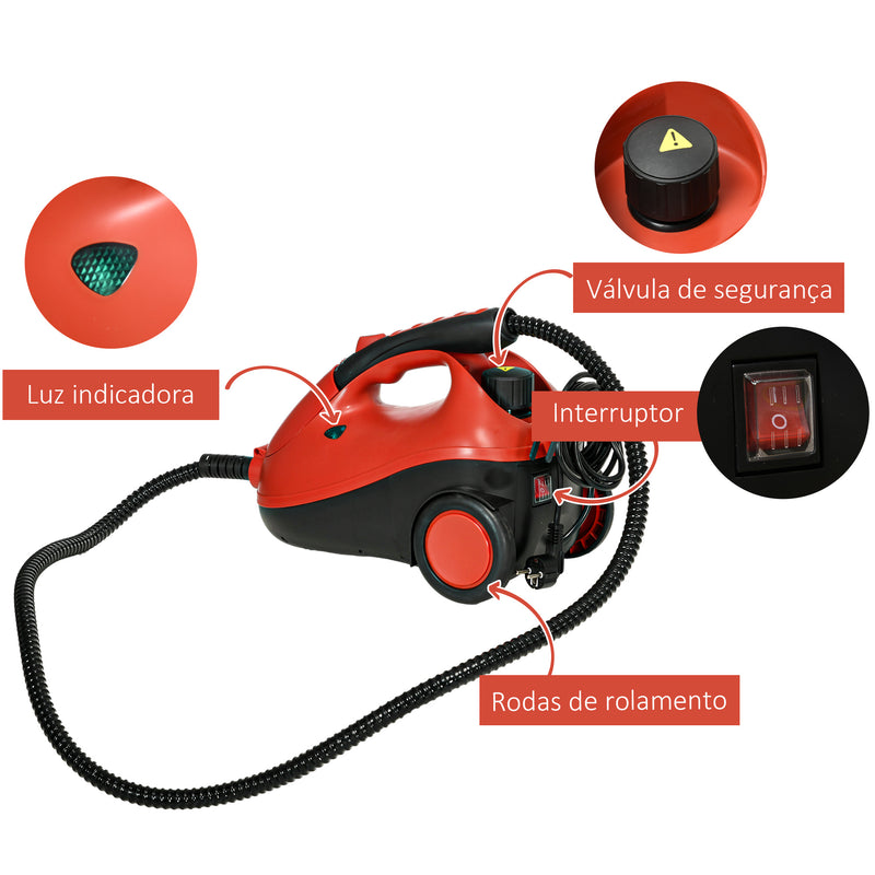 Máquina de Limpeza a Vapor 4 Bares Potência 2000W Máquina de Limpeza a Vapor Multiusos Depósito 2L Autonomia 35 min com 16 Acessórios 40x24x27,2 cm Vermelho