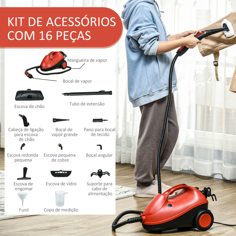 Máquina de Limpeza a Vapor 4 Bares Potência 2000W Máquina de Limpeza a Vapor Multiusos Depósito 2L Autonomia 35 min com 16 Acessórios 40x24x27,2 cm Vermelho