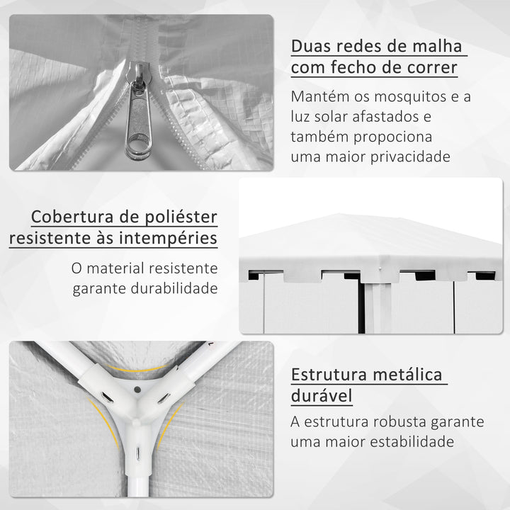 Tenda de Jardim 4x3 m Tenda Desmontável de Exterior com 4 Mosqueteiras Laterais 2 Portas com Fecho de Correr e 8 Orifícios de Drenagem para Pátio Praia Branco