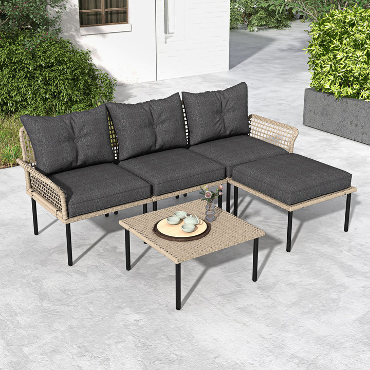 Conjunto de Jardim em Vime Sintético Conjunto de Móveis de Exterior com Sofá de 4 Módulos 1 Mesa de Centro e Almofadas Cinza