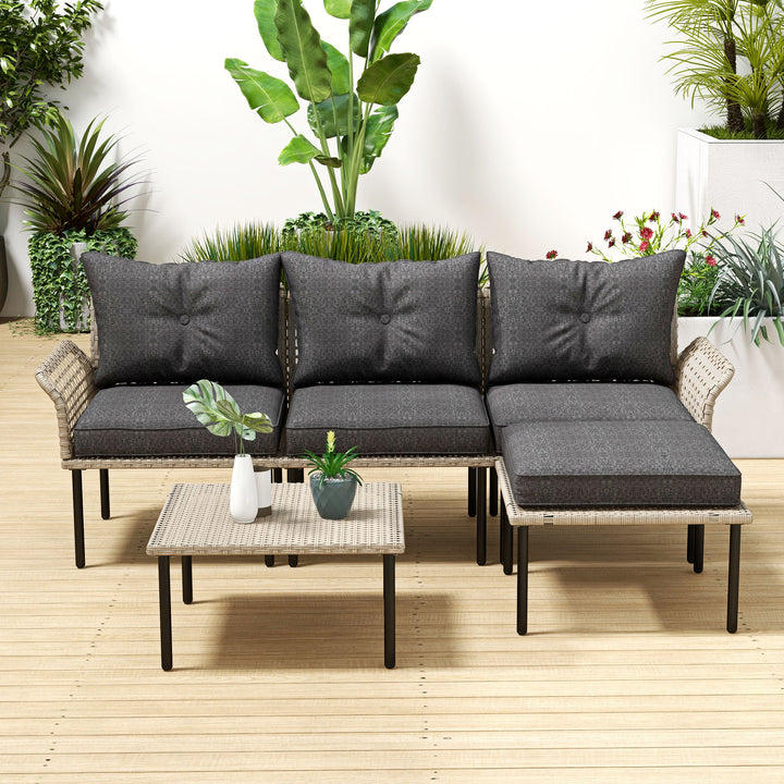 Conjunto de Jardim em Vime Sintético Conjunto de Móveis de Exterior com Sofá de 4 Módulos 1 Mesa de Centro e Almofadas Cinza