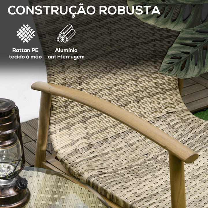 Conjunto de Mesa e Cadeiras para Exterior Conjunto de 3 Peças Cadeiras e Mesa em Vime com Estrutura de Alumínio Inclui 2 Cadeiras 1 Mesa de Vidro Temperado e Almofadas Natural e Marróm
