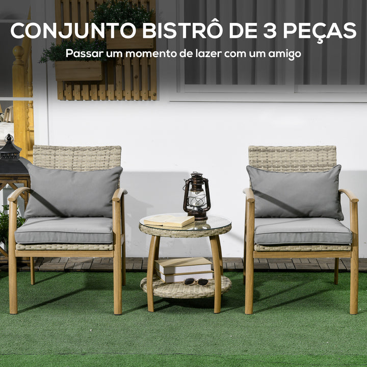 Conjunto de Mesa e Cadeiras para Exterior Conjunto de 3 Peças Cadeiras e Mesa em Vime com Estrutura de Alumínio Inclui 2 Cadeiras 1 Mesa de Vidro Temperado e Almofadas Natural e Marróm