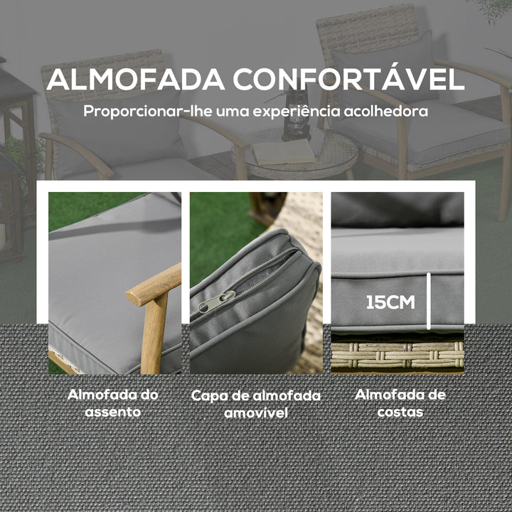 Conjunto de Mesa e Cadeiras para Exterior Conjunto de 3 Peças Cadeiras e Mesa em Vime com Estrutura de Alumínio Inclui 2 Cadeiras 1 Mesa de Vidro Temperado e Almofadas Natural e Marróm
