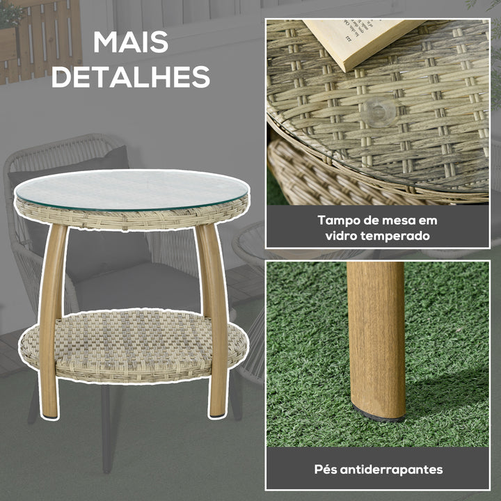 Conjunto de Mesa e Cadeiras para Exterior Conjunto de 3 Peças Cadeiras e Mesa em Vime com Estrutura de Alumínio Inclui 2 Cadeiras 1 Mesa de Vidro Temperado e Almofadas Natural e Marróm
