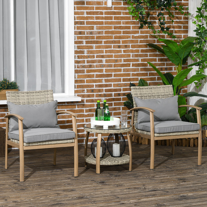 Conjunto de Mesa e Cadeiras para Exterior Conjunto de 3 Peças Cadeiras e Mesa em Vime com Estrutura de Alumínio Inclui 2 Cadeiras 1 Mesa de Vidro Temperado e Almofadas Natural e Marróm