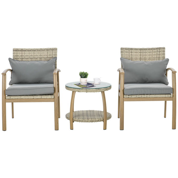 Conjunto de Mesa e Cadeiras para Exterior Conjunto de 3 Peças Cadeiras e Mesa em Vime com Estrutura de Alumínio Inclui 2 Cadeiras 1 Mesa de Vidro Temperado e Almofadas Natural e Marróm