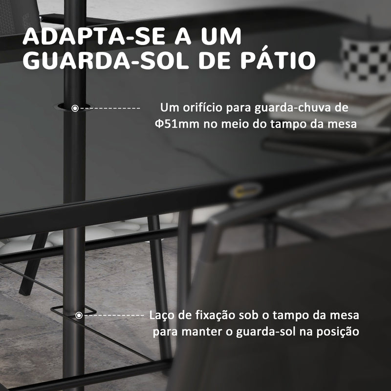 Conjunto de Móveis de Jardim 8 Peças com 6 Cadeiras Dobráveis Mesa com Bancada de Vidro e Chapéu de Sol Inclinável Proteção Solar para Terraço Exterior Preto