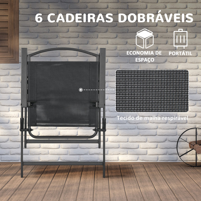 Conjunto de Móveis de Jardim 8 Peças com 6 Cadeiras Dobráveis Mesa com Bancada de Vidro e Chapéu de Sol Inclinável Proteção Solar para Terraço Exterior Preto