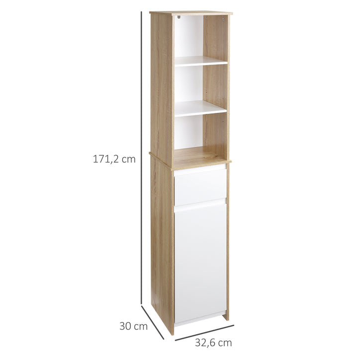 Armário de banheiro alto com 1 porta gaveta e 3 estantes Prateleira ajustável para sala de estar de cozinha 32,6x30x171,2 cm Madeira natural e branco
