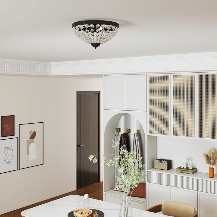 Candeeiro de Teto de Cristal Clássico com 2 Suportes E14 40W Candeeiro de Teto Vintage com 168 Contas de Cristal para Quarto Sala Cozinha e Sala de Jantar Preto