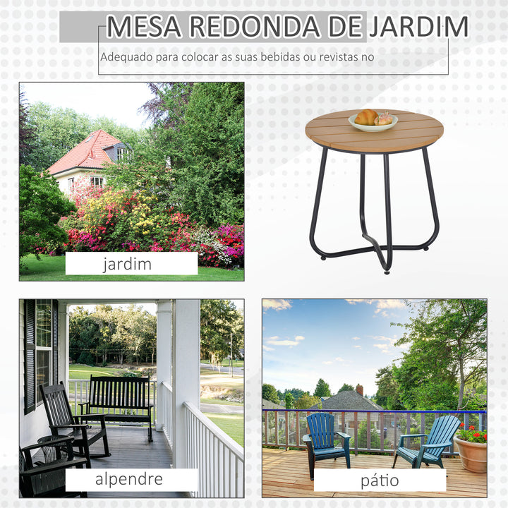 Mesa Auxiliar Redonda Mesa de Jardim com Desenho em Ripas e Pés Ajustáveis Mesa para Exterior Varanda Pátio Ø49x48 cm Madeira e Preto