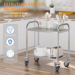 Carrinho Auxiliar com Rodas de Aço Inoxidável Carrinho de Cozinha com 2 Prateleiras e 2 Pegas para Sala de Jantar 70,5x40,5x81 cm Prata