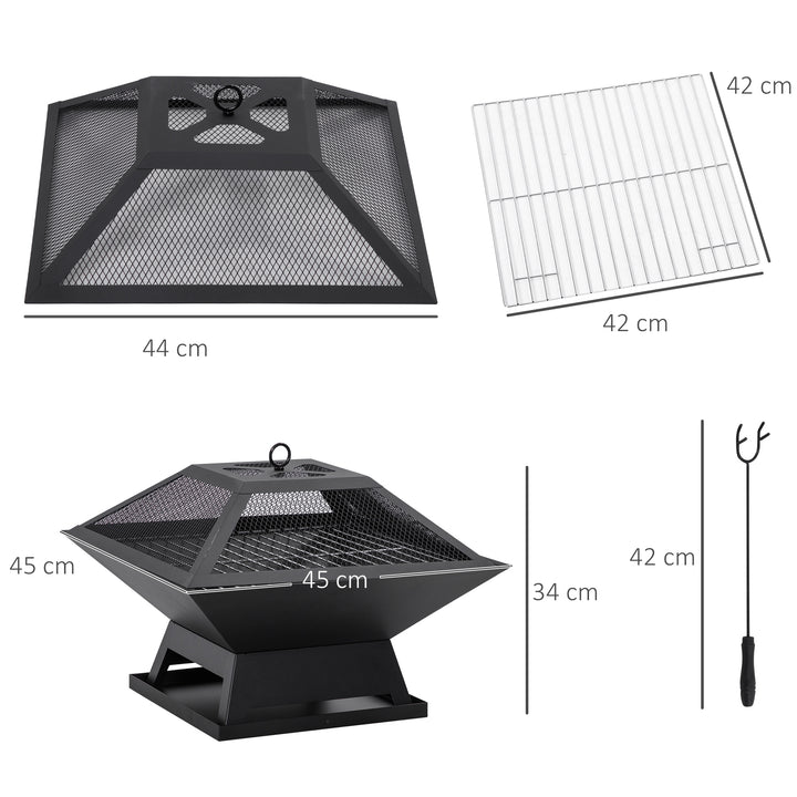 Braseiro Exterior de Aço Braseiro para Jardim Multifuncional com Tampa Protetora e Atiçador para Churrascos Fogueiras para Varanda Campismo 45x45x34 cm Preto