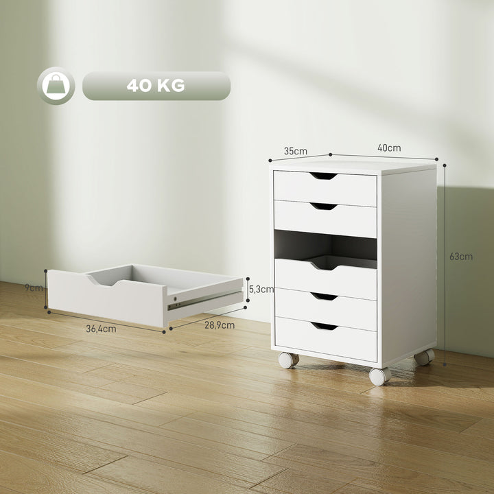 Bloco de Gavetas Móvel Arquivador com 6 Gavetas Suporte para Impressora com Rodas Guias Deslizantes Silenciosas para Escritório Casa 40x35x63 cm Branco