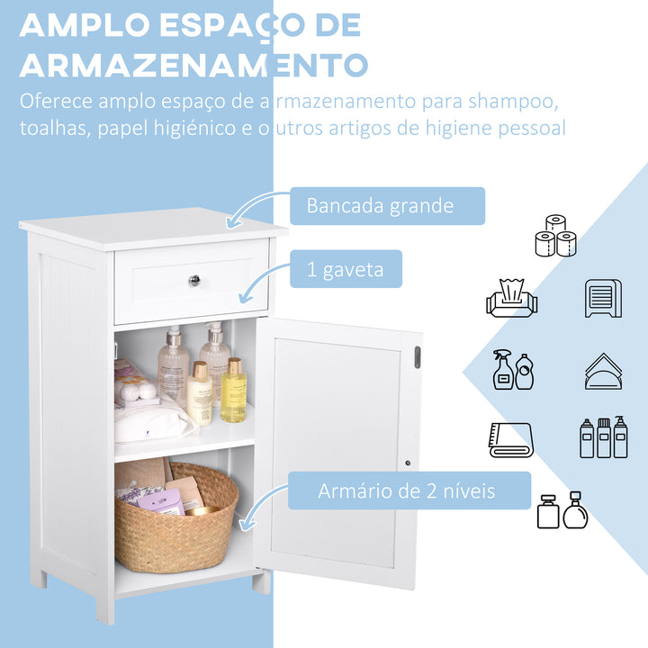 Armário de Casa de Banho com 1 Gaveta 1 Porta e Prateleira Interior Ajustável Móvel Auxiliar de Armazenamento para Sala de Estar Cozinha 43x34x77cm Branco