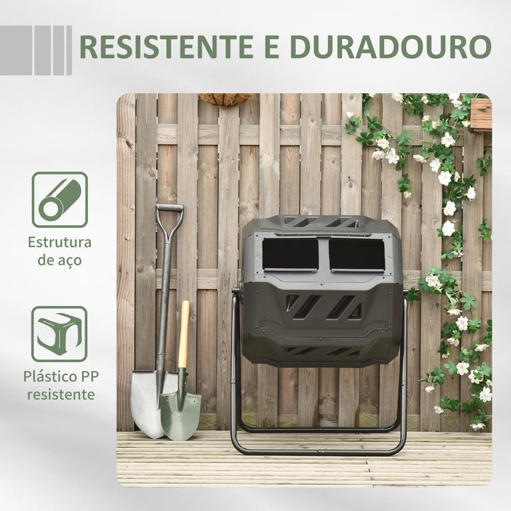 Compostor de Tambor Giratório com Capacidade 160L de Dupla Câmera e Ventilação Estrutura de Aço para Resíduos Orgânicos de Jardim 71x64x92cm Preto e Verde