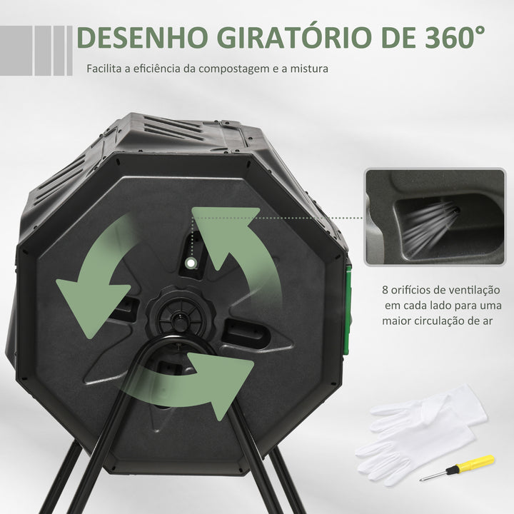 Compostor de Tambor Giratório com Capacidade 160L de Dupla Câmera e Ventilação Estrutura de Aço para Resíduos Orgânicos de Jardim 71x64x92cm Preto e Verde