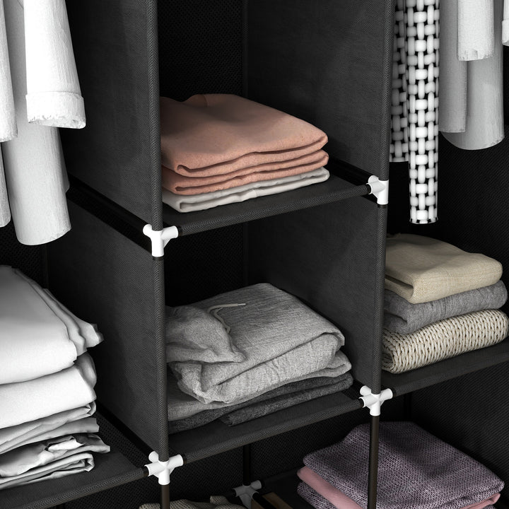 Roupeiro de Tecido Dobrável Armário Portátil com 8 Prateleiras de Armazenamento e 2 Barras de Pendurar Organizador de Roupa para Dormitório Vestidor 125x43x162,5 cm Preto