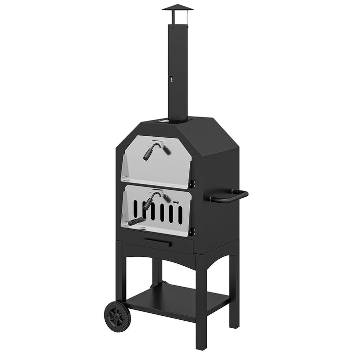 Forno de Pizza Exterior com 2 Camadas Forno a Lenha com Rodas Gaveta Removível Prateleira de Armazenamento para Terraço Campismo Jardim 64x54x160 cm Preto