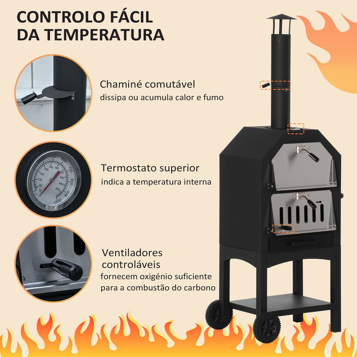 Forno de Pizza Exterior com 2 Camadas Forno a Lenha com Rodas Gaveta Removível Prateleira de Armazenamento para Terraço Campismo Jardim 64x54x160 cm Preto