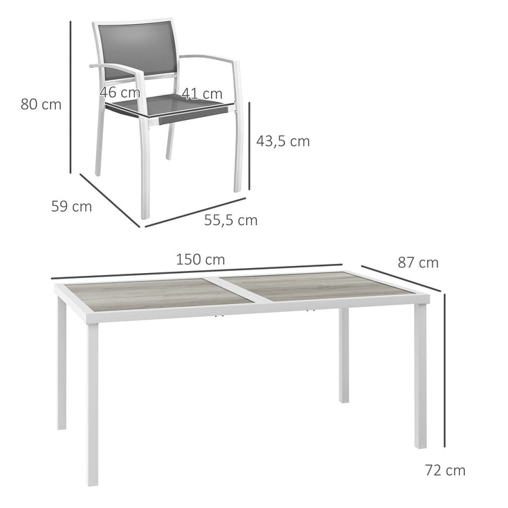 Conjunto de Refeição de Jardim de 7 Peças com 1 Mesa de Exterior e 6 Cadeiras Empilháveis Estilo Moderno para Terraço Pátio Branco e Cinza