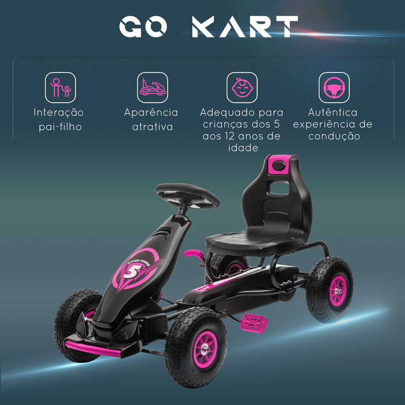 Kart a Pedais para Crianças 5-12 Anos Kart a Pedais Infantil com Assento Ajustável Pneus Insufláveis Amortecimento e Travão de Mão Carga Máx. 50kg 121x58x61 cm Rosa