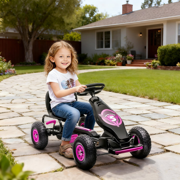 Kart a Pedais para Crianças 5-12 Anos Kart a Pedais Infantil com Assento Ajustável Pneus Insufláveis Amortecimento e Travão de Mão Carga Máx. 50kg 121x58x61 cm Rosa