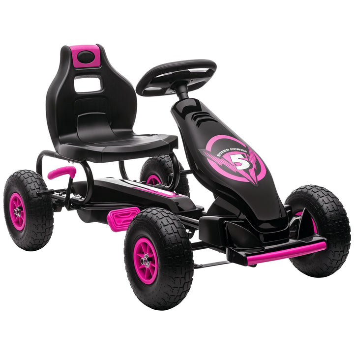Kart a Pedais para Crianças 5-12 Anos Kart a Pedais Infantil com Assento Ajustável Pneus Insufláveis Amortecimento e Travão de Mão Carga Máx. 50kg 121x58x61 cm Rosa
