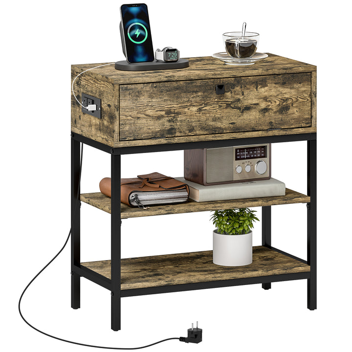 Mesa Auxiliar com Estação de Carga Mesinha Auxiliar Industrial com Gaveta e Prateleiras Abertas Mesa Auxiliar para Sala de Estar Dormitório 60x30x66,5 cm Castanho Rústico