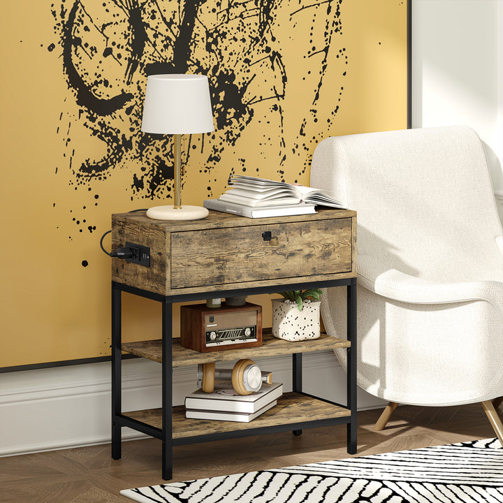 Mesa Auxiliar com Estação de Carga Mesinha Auxiliar Industrial com Gaveta e Prateleiras Abertas Mesa Auxiliar para Sala de Estar Dormitório 60x30x66,5 cm Castanho Rústico