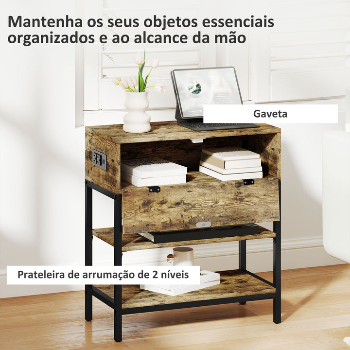 Mesa Auxiliar com Estação de Carga Mesinha Auxiliar Industrial com Gaveta e Prateleiras Abertas Mesa Auxiliar para Sala de Estar Dormitório 60x30x66,5 cm Castanho Rústico