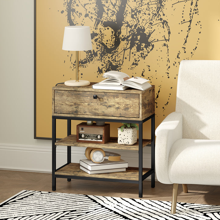 Mesa Auxiliar com Estação de Carga Mesinha Auxiliar Industrial com Gaveta e Prateleiras Abertas Mesa Auxiliar para Sala de Estar Dormitório 60x30x66,5 cm Castanho Rústico