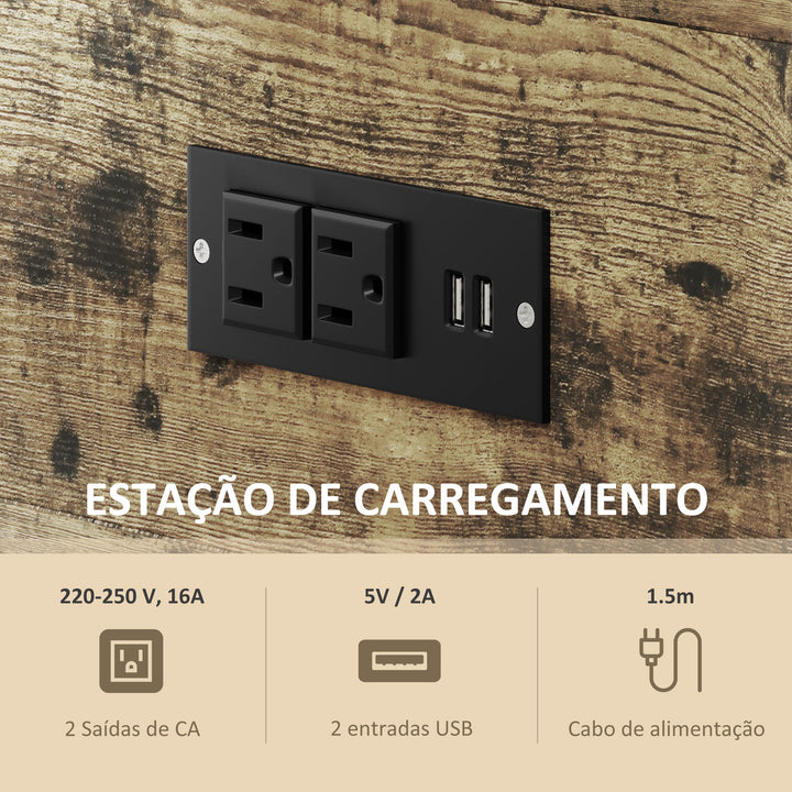 Mesa Auxiliar com Estação de Carga Mesinha Auxiliar Industrial com Gaveta e Prateleiras Abertas Mesa Auxiliar para Sala de Estar Dormitório 60x30x66,5 cm Castanho Rústico