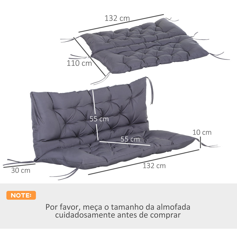 Almofada para Banco com Encosto 120x110x12cm Almofada de Banco de 2 Lugares com 6 Cordões de Fixação para Jardim Terraço Balcão Exterior Cinza