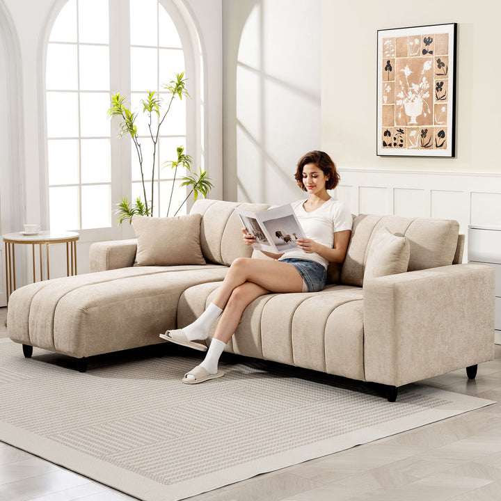 Sofá Chaise Longue Reversível Sofá de Canto em Forma de L de 3 Lugares 2 Almofadas Estofado em Linho Estrutura de Aço para Sala de Estar 242x156x87 cm Bege