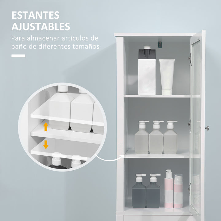 Armário alto para banheiro Armário com 1 porta de vidro prateleiras ajustáveis e 2 gavetas 43x35x160 cm Branco