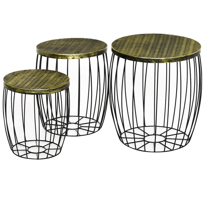 Conjunto de 3 Mesas de Jardim Empilháveis Mesas Auxiliares de Jardim Redondas com Estrutura Metálica e Tampo Imitação Vime para Varanda Terraço Pátio Preto