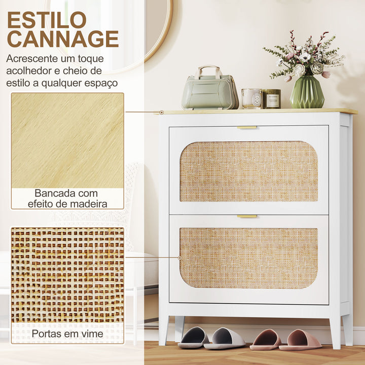 Sapateira Estreita com 2 Portas em Vime Sapateira para Entrada com Prateleiras Ajustáveis para 14 Pares de Sapatos 105x24x95,5 cm Branco