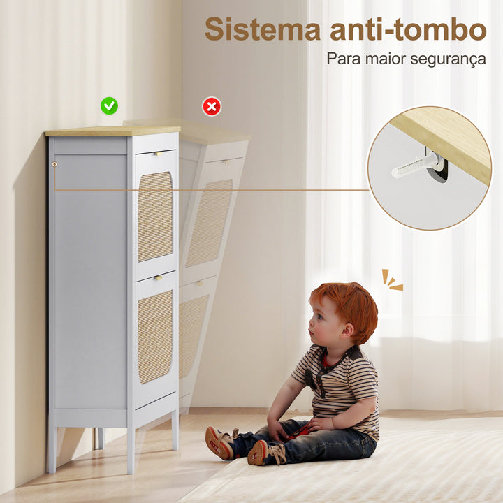 Sapateira Estreita com 2 Portas em Vime Sapateira para Entrada com Prateleiras Ajustáveis para 14 Pares de Sapatos 105x24x95,5 cm Branco