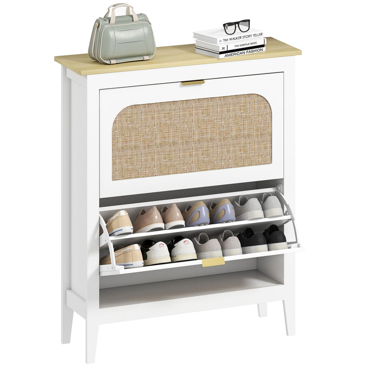Sapateira Estreita com 2 Portas em Vime Sapateira para Entrada com Prateleiras Ajustáveis para 14 Pares de Sapatos 105x24x95,5 cm Branco