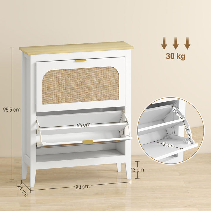Sapateira Estreita com 2 Portas em Vime Sapateira para Entrada com Prateleiras Ajustáveis para 14 Pares de Sapatos 105x24x95,5 cm Branco