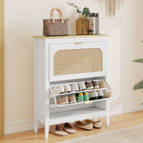 Sapateira Estreita com 2 Portas em Vime Sapateira para Entrada com Prateleiras Ajustáveis para 14 Pares de Sapatos 105x24x95,5 cm Branco