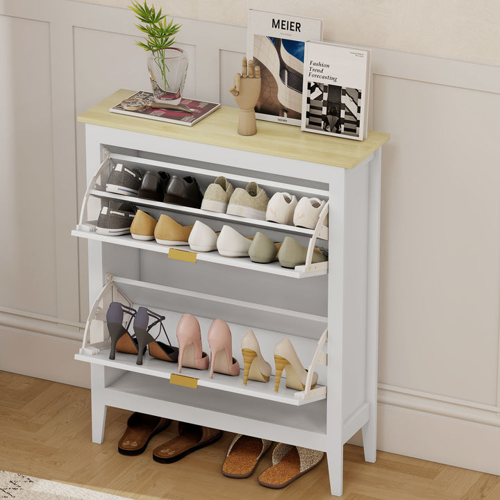 Sapateira Estreita com 2 Portas em Vime Sapateira para Entrada com Prateleiras Ajustáveis para 14 Pares de Sapatos 105x24x95,5 cm Branco