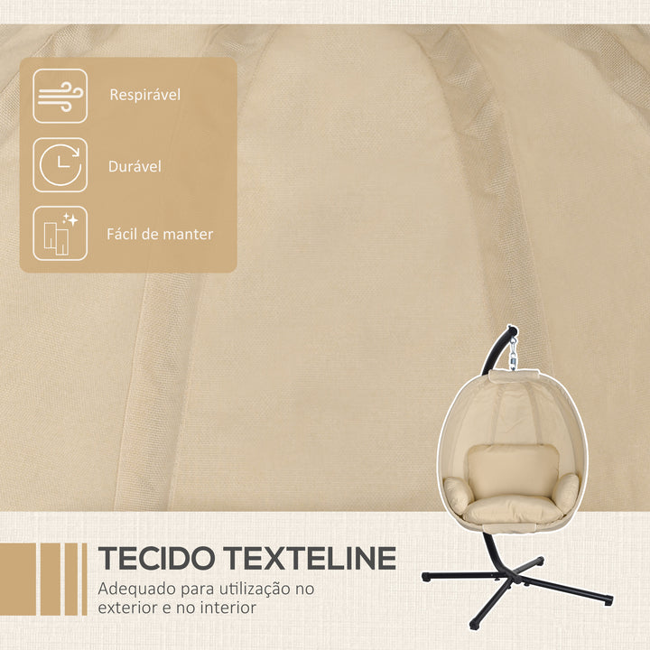 Cadeira Suspensa Tipo Ovo com Suporte Baloiço de Jardim com Cesto Dobrável e Almofada Baloiço Suspenso para Interior e Exterior Suporta até 120 kg Caqui
