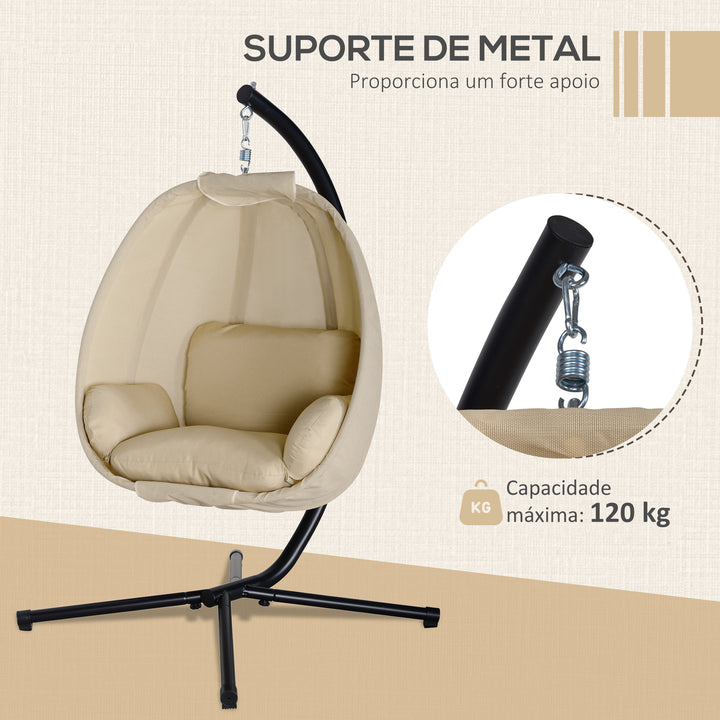 Cadeira Suspensa Tipo Ovo com Suporte Baloiço de Jardim com Cesto Dobrável e Almofada Baloiço Suspenso para Interior e Exterior Suporta até 120 kg Caqui