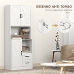 Armário de Cozinha Rústico Armário Alto de Cozinha com Portas Compartimentos Abertos Gavetas e Prateleiras Ajustáveis Anti-Tombo para Sala de Jantar 70x40x180 cm Branco