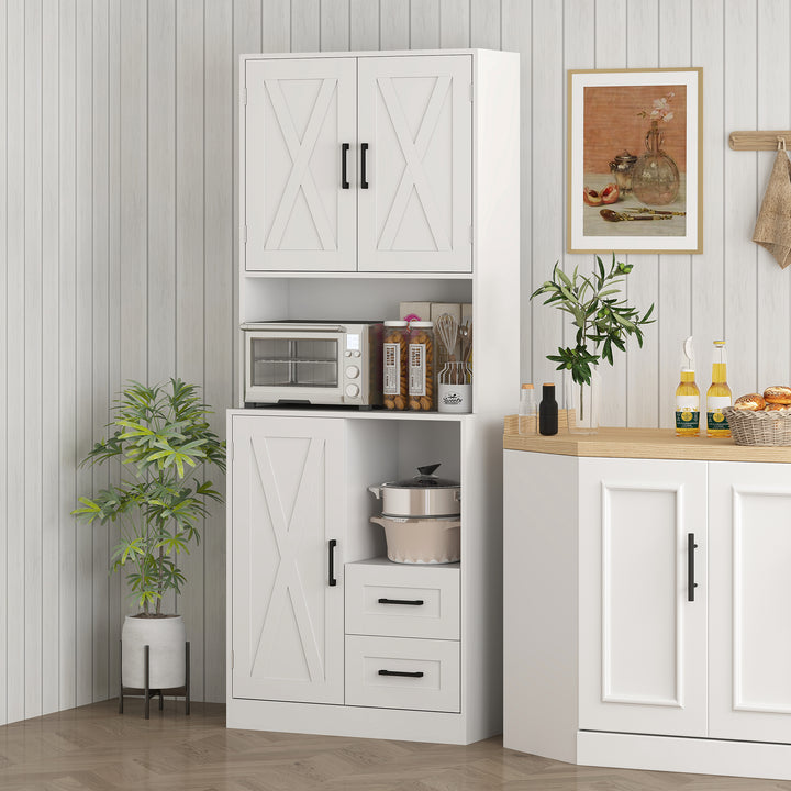 Armário de Cozinha Rústico Armário Alto de Cozinha com Portas Compartimentos Abertos Gavetas e Prateleiras Ajustáveis Anti-Tombo para Sala de Jantar 70x40x180 cm Branco