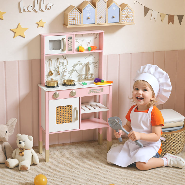 Cozinha de Brincar em Madeira com Som Cozinha Infantil com Acessórios em Aço Inoxidável Micro-Ondas Forno Lava-Loiças Legumes para Cortar para Crianças a Partir de 3 Anos 55x24x96 cm Rosa